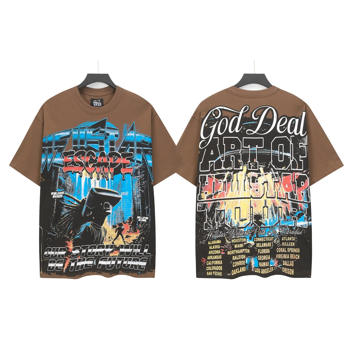 P108 Real-stock Hellstar Cross-border European and American style, street fashion brand pure cotton T-shirt Fabric (fabric): 32 pieces of 240g heavy combed double yarn pure cotton Size (size): S-M- L- X L Color (colour): Brown