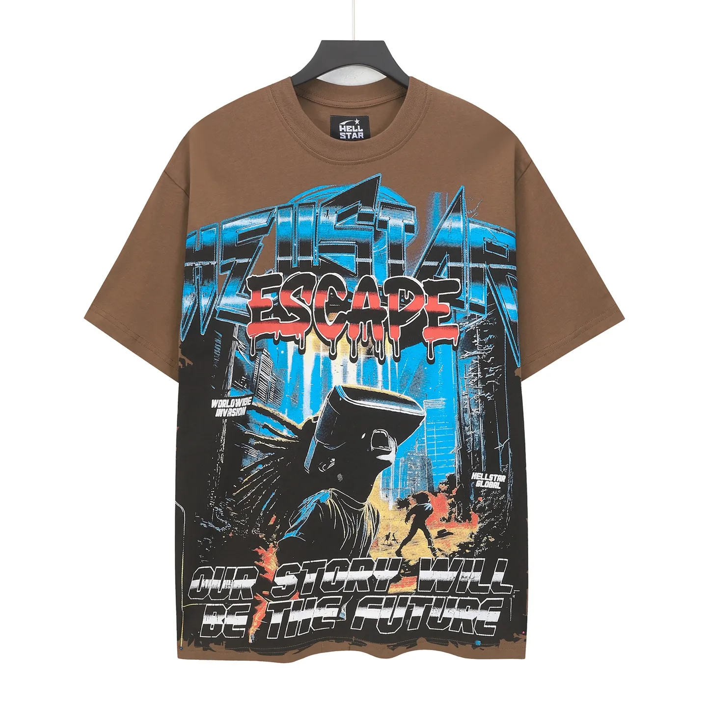 P108 Real-stock Hellstar Cross-border European and American style, street fashion brand pure cotton T-shirt Fabric (fabric): 32 pieces of 240g heavy combed double yarn pure cotton Size (size): S-M- L- X L Color (colour): Brown