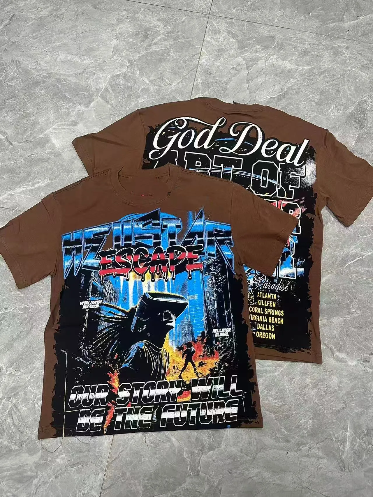 P108 Real-stock Hellstar Cross-border European and American style, street fashion brand pure cotton T-shirt Fabric (fabric): 32 pieces of 240g heavy combed double yarn pure cotton Size (size): S-M- L- X L Color (colour): Brown