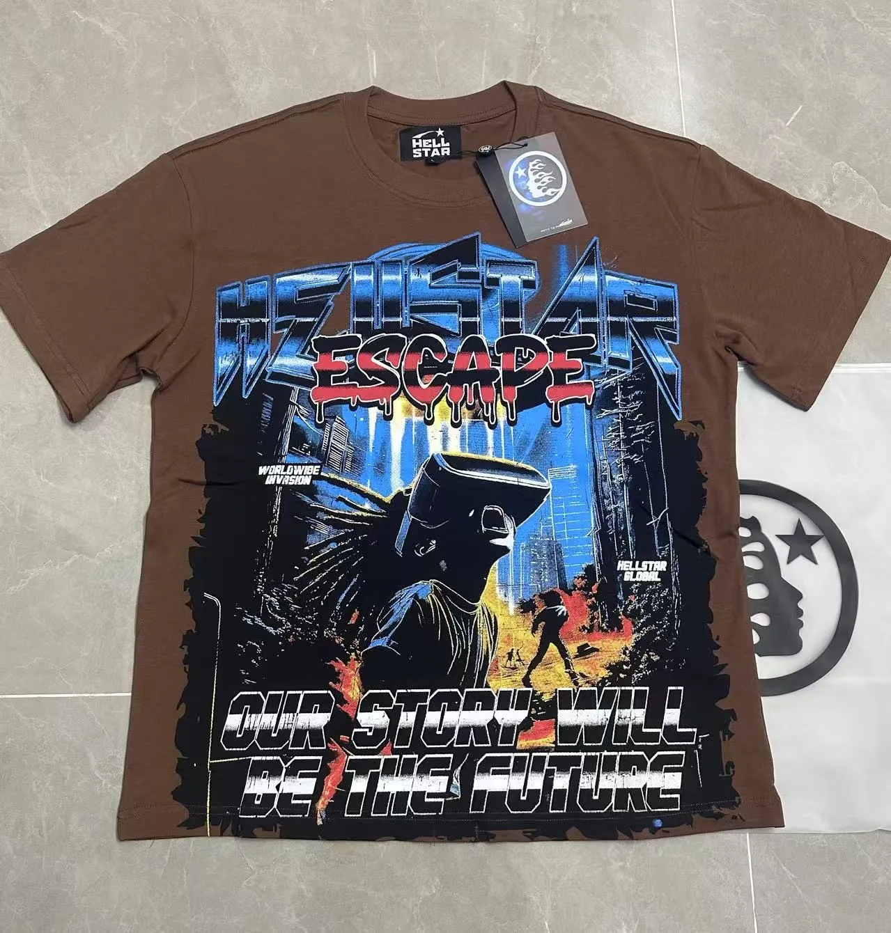 P108 Real-stock Hellstar Cross-border European and American style, street fashion brand pure cotton T-shirt Fabric (fabric): 32 pieces of 240g heavy combed double yarn pure cotton Size (size): S-M- L- X L Color (colour): Brown