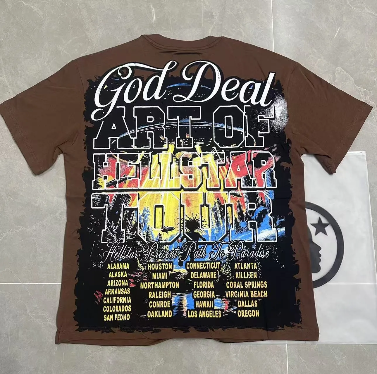 P108 Real-stock Hellstar Cross-border European and American style, street fashion brand pure cotton T-shirt Fabric (fabric): 32 pieces of 240g heavy combed double yarn pure cotton Size (size): S-M- L- X L Color (colour): Brown