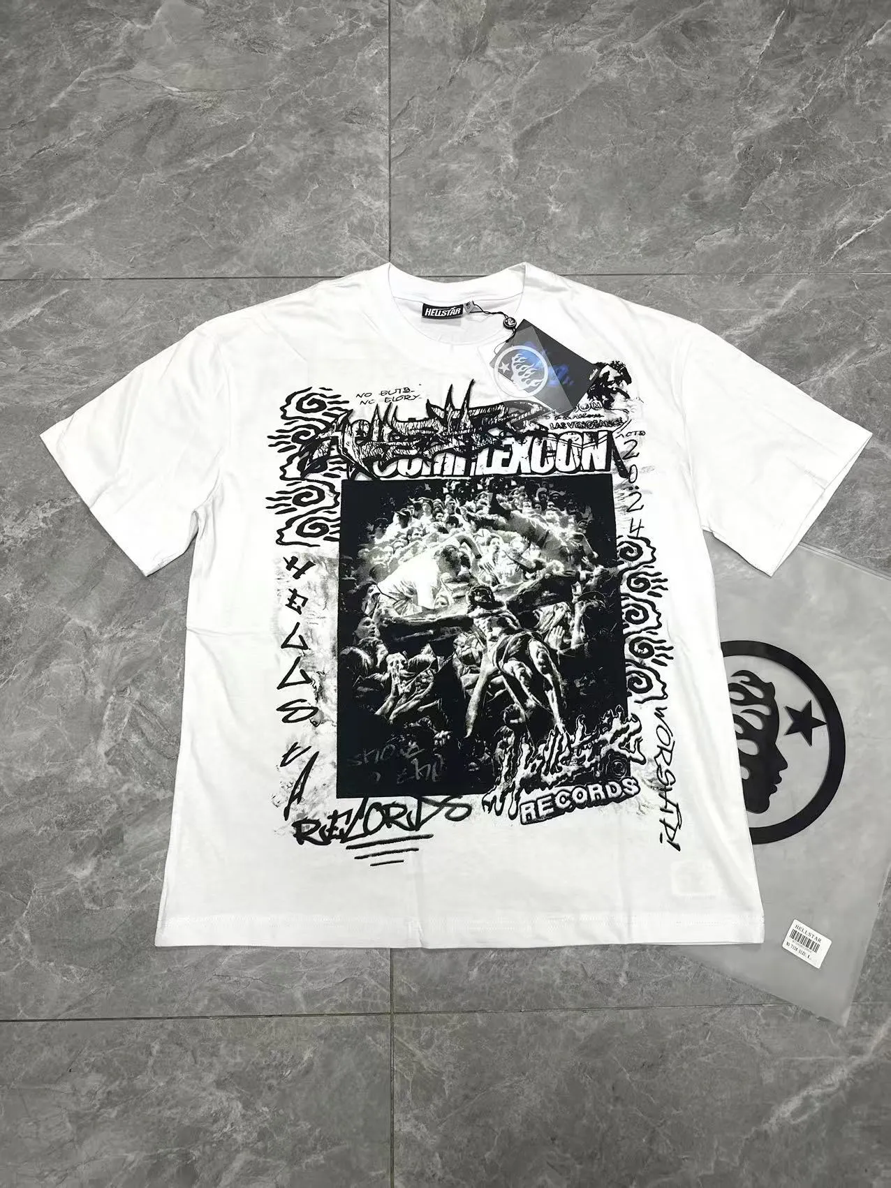 P108 Real-stock Hellstar Cross-border European and American style, street fashion brand pure cotton T-shirt Fabric (fabric): 32 pieces of 240g heavy combed double yarn pure cotton Size (size): S-M- L- X L Color (colour): white 👉