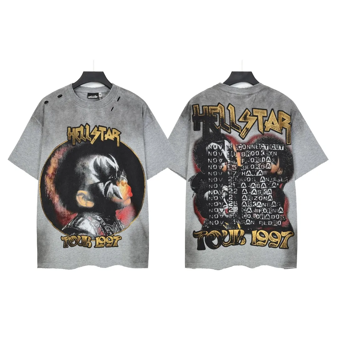 P134 Hellstar/Hellstar (actual shot) Craftsmanship: Washed and sprayed + holes + the whole piece washed and frayed Cross-border European and American style street brand pure cotton T-shirt Fabric (fabric): 32 pieces of 250g washed combed double yarn pure cotton Size (size): S-M- L- X L Color (colour): washed black/washed gray 👉