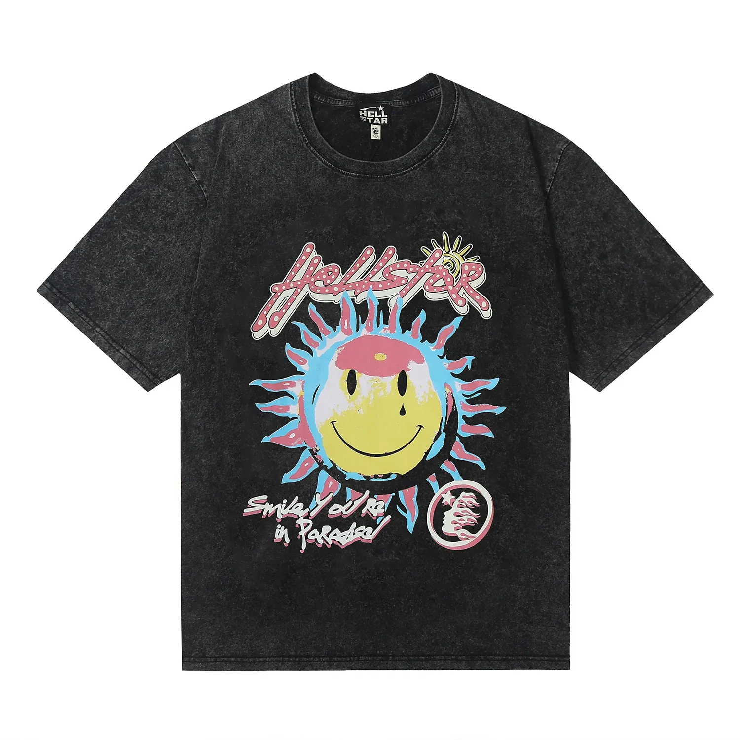 7722# P124 Washed Hellstar Hellstar ins same style retro printed tops for men and women, casual and trendy pure cotton washed short-sleeved T-shirt Color: Black Size: S M L XL