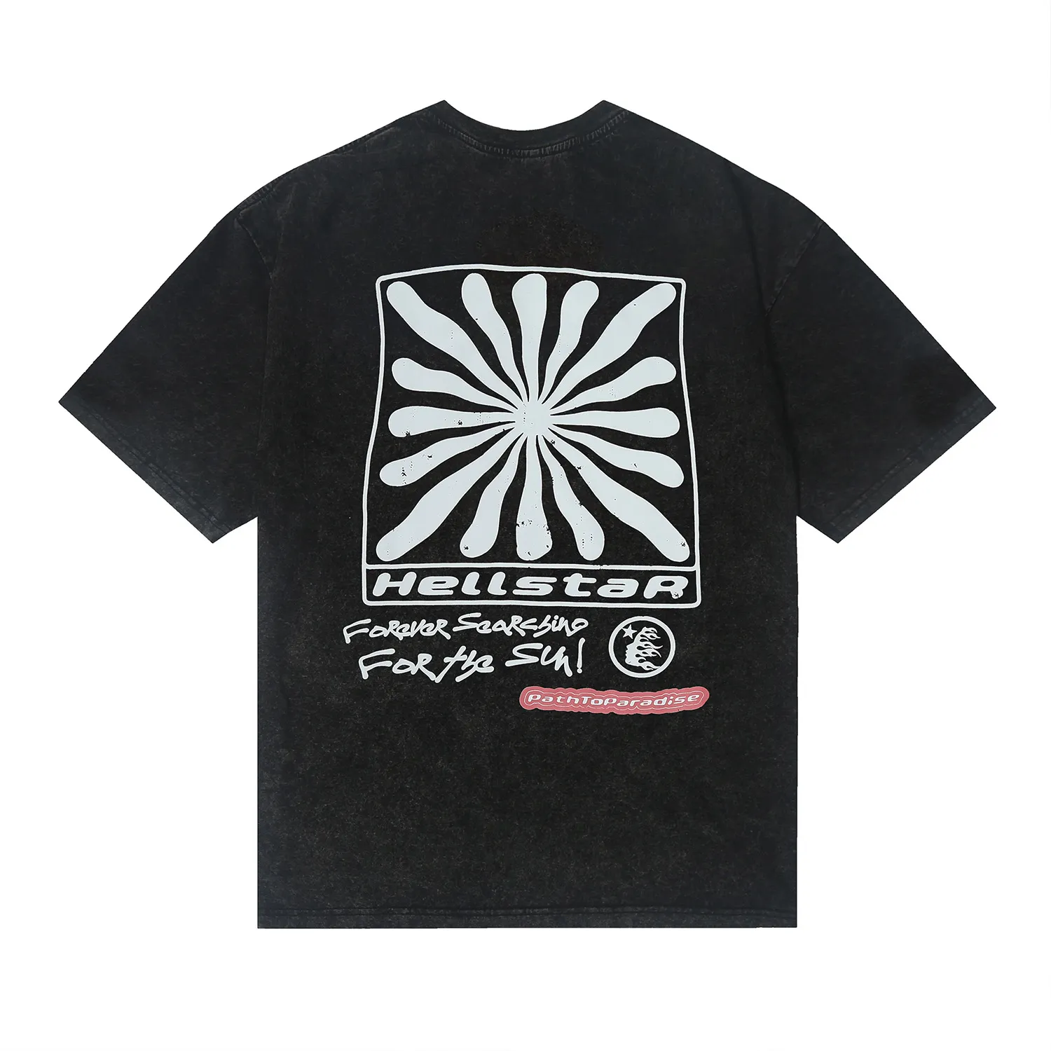 7722# P124 Washed Hellstar Hellstar ins same style retro printed tops for men and women, casual and trendy pure cotton washed short-sleeved T-shirt Color: Black Size: S M L XL