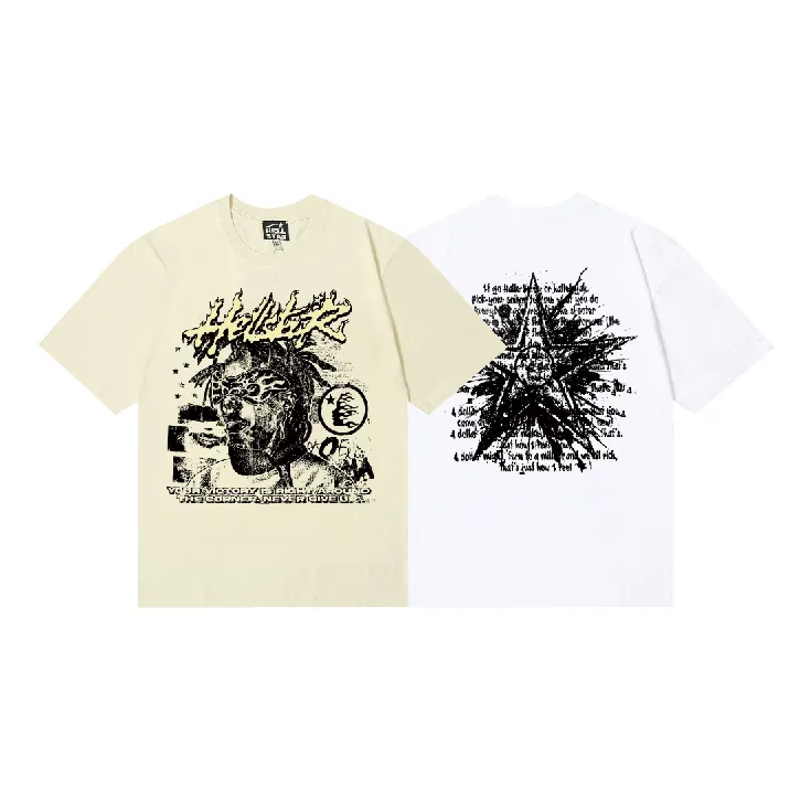 6758# P116 Hellstar American fashion high street pure cotton loose short-sleeved T-shirt Color: White Apricot Code Number: S M L XL