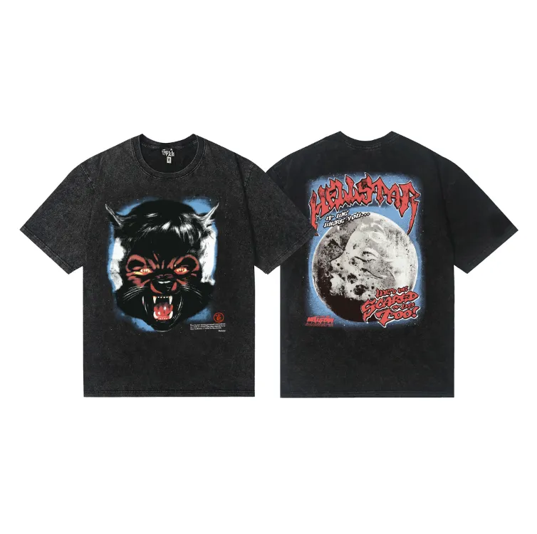 7733# P124 Washed Hellstar Hellstar ins same style retro printed tops for men and women, casual and trendy pure cotton washed short-sleeved T-shirt Color: Black Size: S M L XL