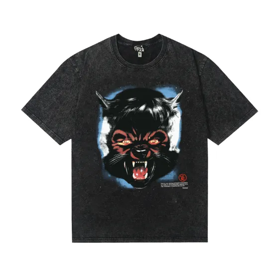 7733# P124 Washed Hellstar Hellstar ins same style retro printed tops for men and women, casual and trendy pure cotton washed short-sleeved T-shirt Color: Black Size: S M L XL