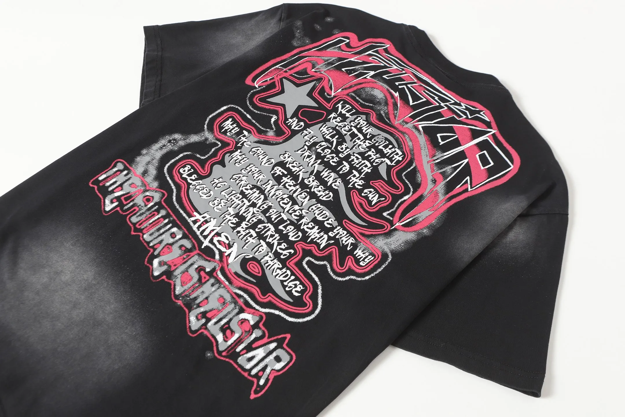 P124 Hellstar Hellstar Cross-border European and American style street fashion brand pure cotton T-shirt Fabric (fabric): 32 counts 250g washed combed double yarn pure cotton Size (size): S-M- L- X L Color (colour): Washed black (spray Ma Liu)