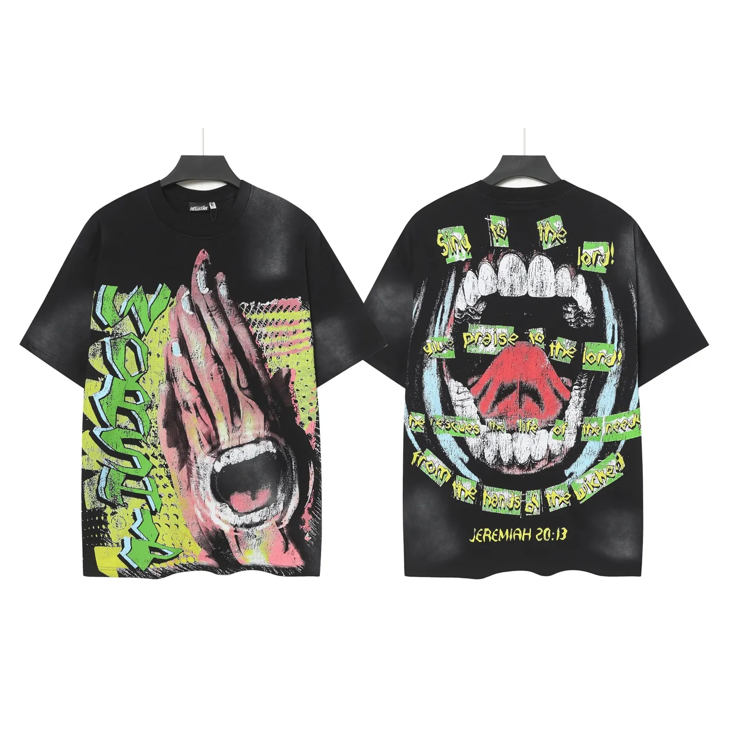 P124 Hellstar Cross-border European and American style street brand pure cotton T-shirt Fabric (fabric): 32 counts of 250g washed and combed double yarn pure cotton Size (size): S-M- L- X L Color (colour): Washed black (spray Ma Liu)