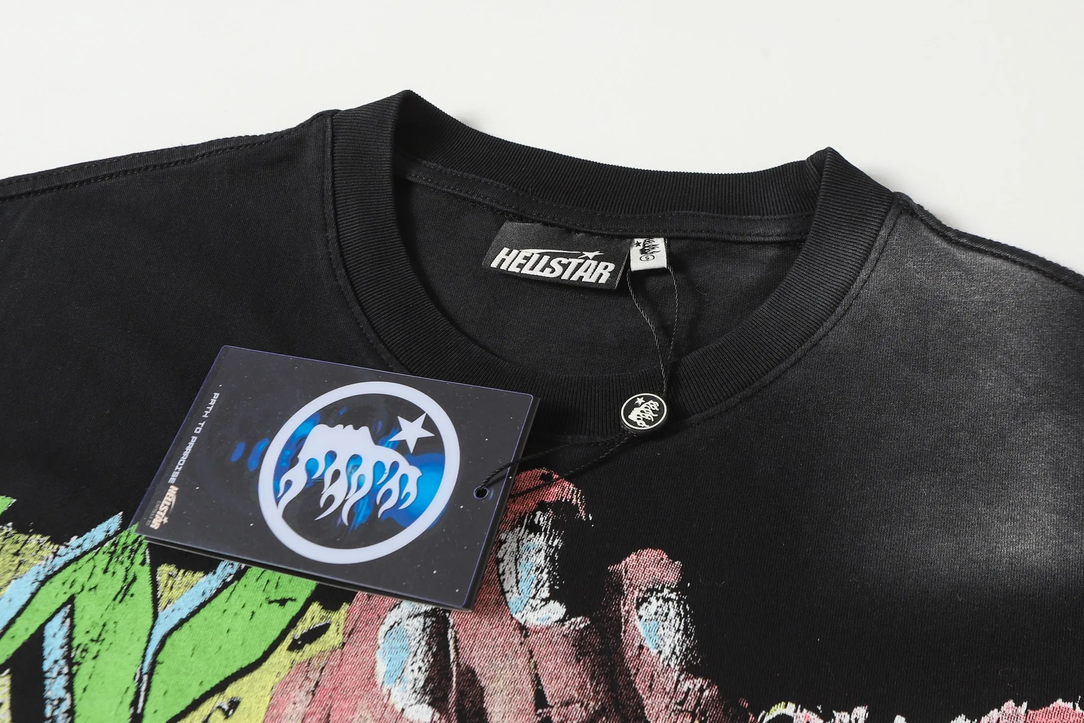 P124 Hellstar Cross-border European and American style street brand pure cotton T-shirt Fabric (fabric): 32 counts of 250g washed and combed double yarn pure cotton Size (size): S-M- L- X L Color (colour): Washed black (spray Ma Liu)