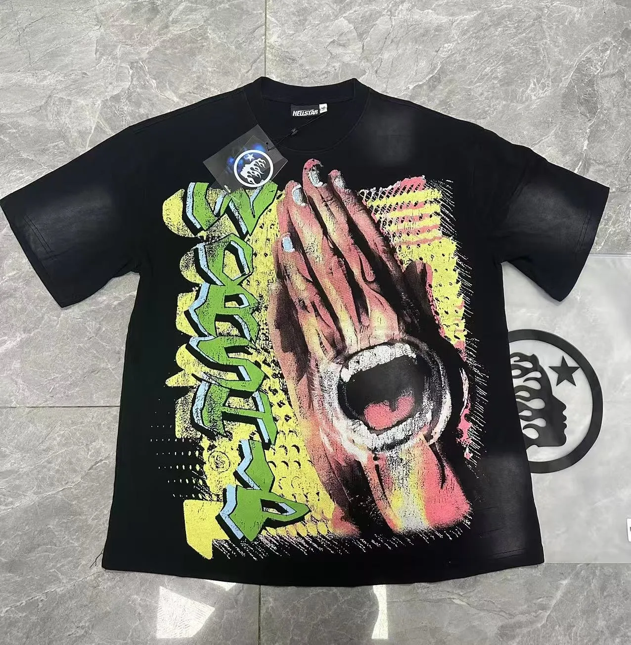 P124 Hellstar Cross-border European and American style street brand pure cotton T-shirt Fabric (fabric): 32 counts of 250g washed and combed double yarn pure cotton Size (size): S-M- L- X L Color (colour): Washed black (spray Ma Liu)