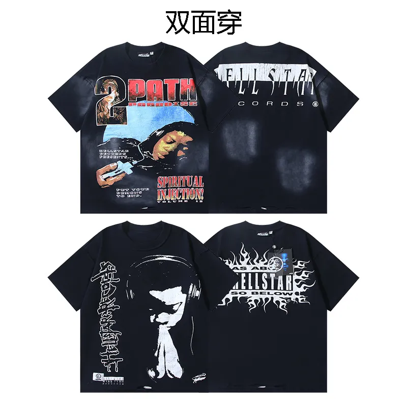 P140 Washed black reversible real shot Hellstar washed and worn reversible fashionable printed short-sleeved T-shirt Fabric: 250g 32 count fine cotton double yarn pure cotton Color: washed black + reversible + worn Size: S M L XL
