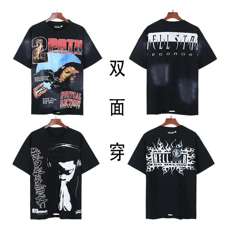 P140 Washed black reversible real shot Hellstar washed and worn reversible fashionable printed short-sleeved T-shirt Fabric: 250g 32 count fine cotton double yarn pure cotton Color: washed black + reversible + worn Size: S M L XL