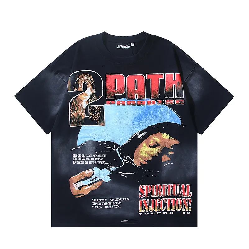 P140 Washed black reversible real shot Hellstar washed and worn reversible fashionable printed short-sleeved T-shirt Fabric: 250g 32 count fine cotton double yarn pure cotton Color: washed black + reversible + worn Size: S M L XL