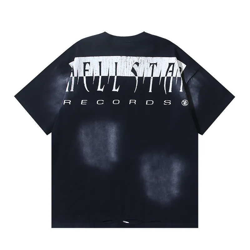 P140 Washed black reversible real shot Hellstar washed and worn reversible fashionable printed short-sleeved T-shirt Fabric: 250g 32 count fine cotton double yarn pure cotton Color: washed black + reversible + worn Size: S M L XL