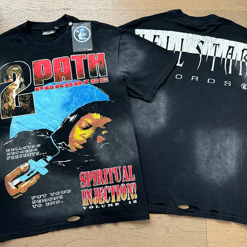 P140 Washed black reversible real shot Hellstar washed and worn reversible fashionable printed short-sleeved T-shirt Fabric: 250g 32 count fine cotton double yarn pure cotton Color: washed black + reversible + worn Size: S M L XL