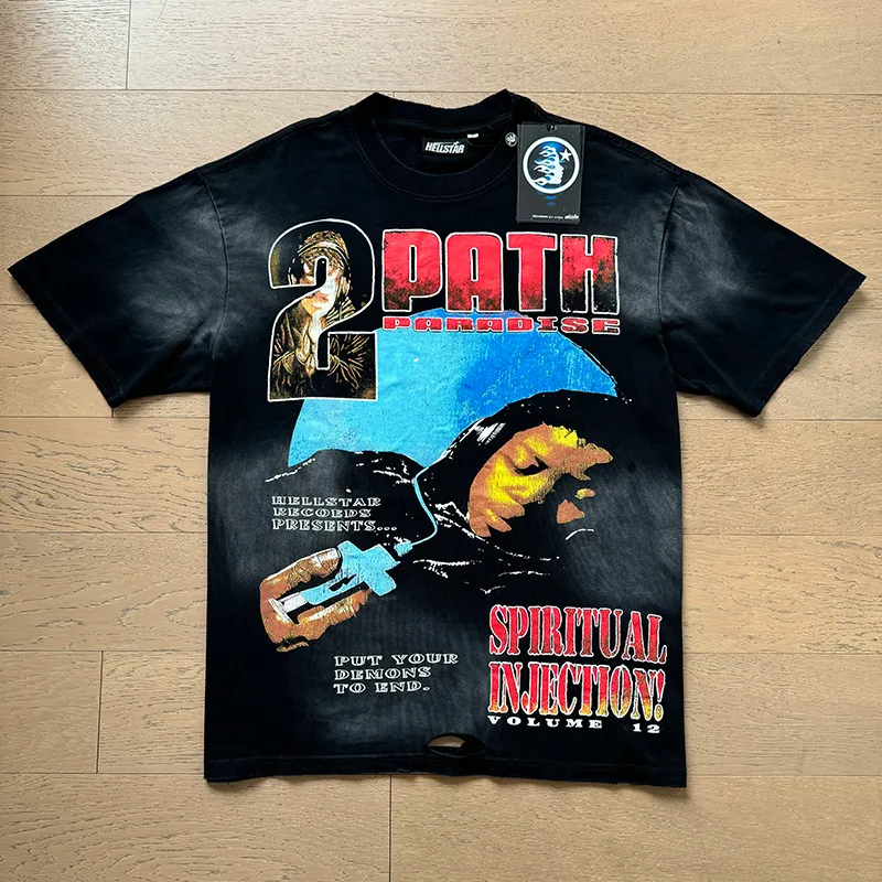 P140 Washed black reversible real shot Hellstar washed and worn reversible fashionable printed short-sleeved T-shirt Fabric: 250g 32 count fine cotton double yarn pure cotton Color: washed black + reversible + worn Size: S M L XL