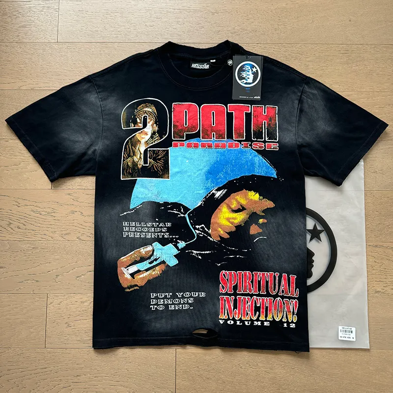 P140 Washed black reversible real shot Hellstar washed and worn reversible fashionable printed short-sleeved T-shirt Fabric: 250g 32 count fine cotton double yarn pure cotton Color: washed black + reversible + worn Size: S M L XL