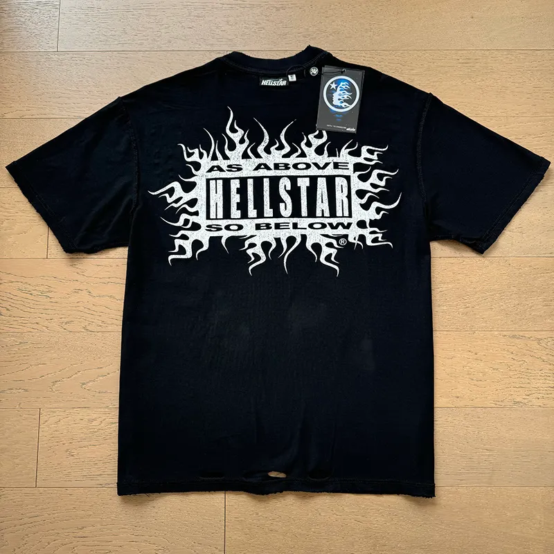 P140 Washed black reversible real shot Hellstar washed and worn reversible fashionable printed short-sleeved T-shirt Fabric: 250g 32 count fine cotton double yarn pure cotton Color: washed black + reversible + worn Size: S M L XL
