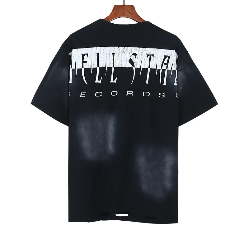 P140 Washed black reversible real shot Hellstar washed and worn reversible fashionable printed short-sleeved T-shirt Fabric: 250g 32 count fine cotton double yarn pure cotton Color: washed black + reversible + worn Size: S M L XL