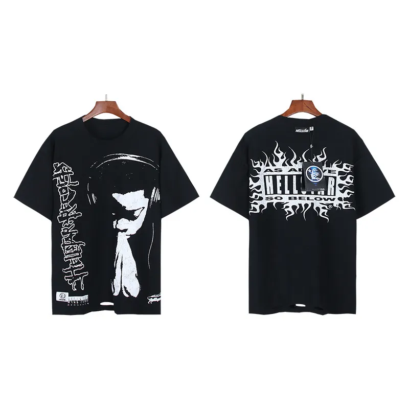 P140 Washed black reversible real shot Hellstar washed and worn reversible fashionable printed short-sleeved T-shirt Fabric: 250g 32 count fine cotton double yarn pure cotton Color: washed black + reversible + worn Size: S M L XL