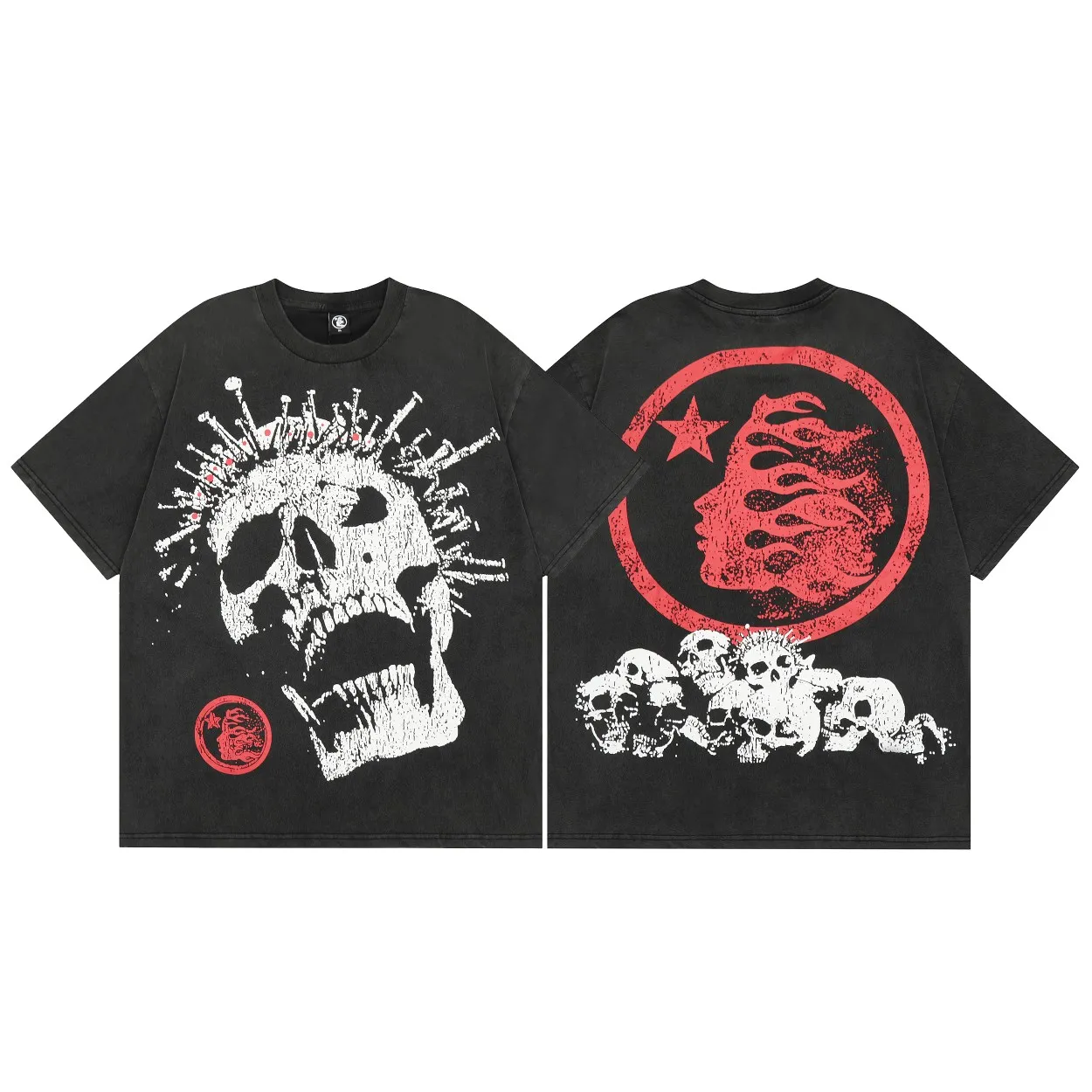 P134 Hellstar "Nailed Skull" Tee short-sleeved T-shirt The new hot beauty trend Hellstar! Standard beauty and trendy workmanship, original customization (fabric, pattern, printing, hang tag, main mark, etc.), exaggerated style, explosive style, dare to break through tradition, bring adventurous new fashion experience!   YoungBoy, the most popular rapper in the youth circle, has shot a lot of models for him, and celebrities such as Dababy and Swae Lee frequently get dressed!   color: Vintage Black (washed black) size: S, M, L, XL