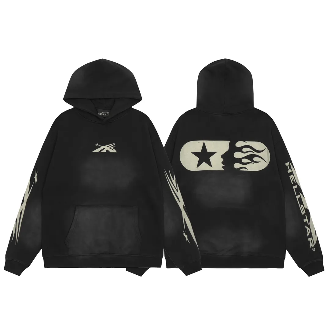 P240 Hellstar Sports Hooded Sweatshirt, a trendy pure cotton spray-on distressed sweatshirt, the new hot trendy Hellstar!  Standard beauty and trendy workmanship, original customization (fabric, pattern, printing, hang tag, main mark, etc.), exaggerated style, explosive style, dare to break through tradition, bring adventurous new fashion experience!   YoungBoy, the most popular rapper in the youth circle, has shot a lot of models for him, and celebrities such as Dababy and Swae Lee frequently get dressed!  color: black Size: S, M, L, XL