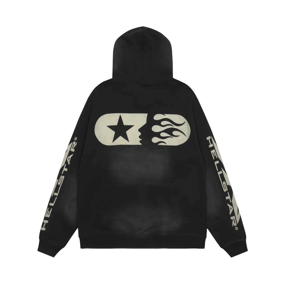 P240 Hellstar Sports Hooded Sweatshirt, a trendy pure cotton spray-on distressed sweatshirt, the new hot trendy Hellstar!  Standard beauty and trendy workmanship, original customization (fabric, pattern, printing, hang tag, main mark, etc.), exaggerated style, explosive style, dare to break through tradition, bring adventurous new fashion experience!   YoungBoy, the most popular rapper in the youth circle, has shot a lot of models for him, and celebrities such as Dababy and Swae Lee frequently get dressed!  color: black Size: S, M, L, XL