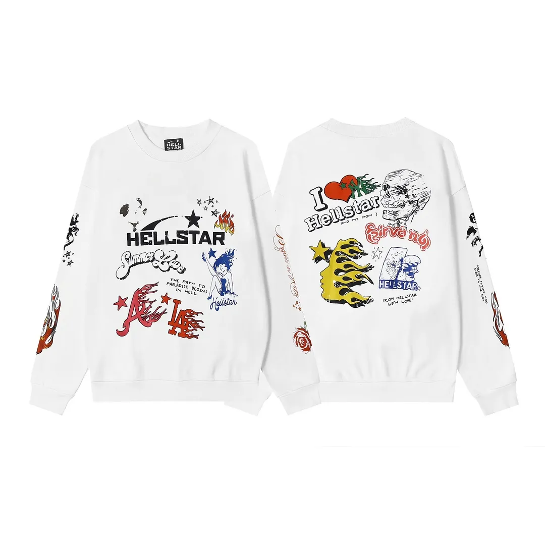 8811# P166 Hellstar high quality Hellstar American trendy printed cotton terry crew neck sweatshirt Color: White Size: S M L XL