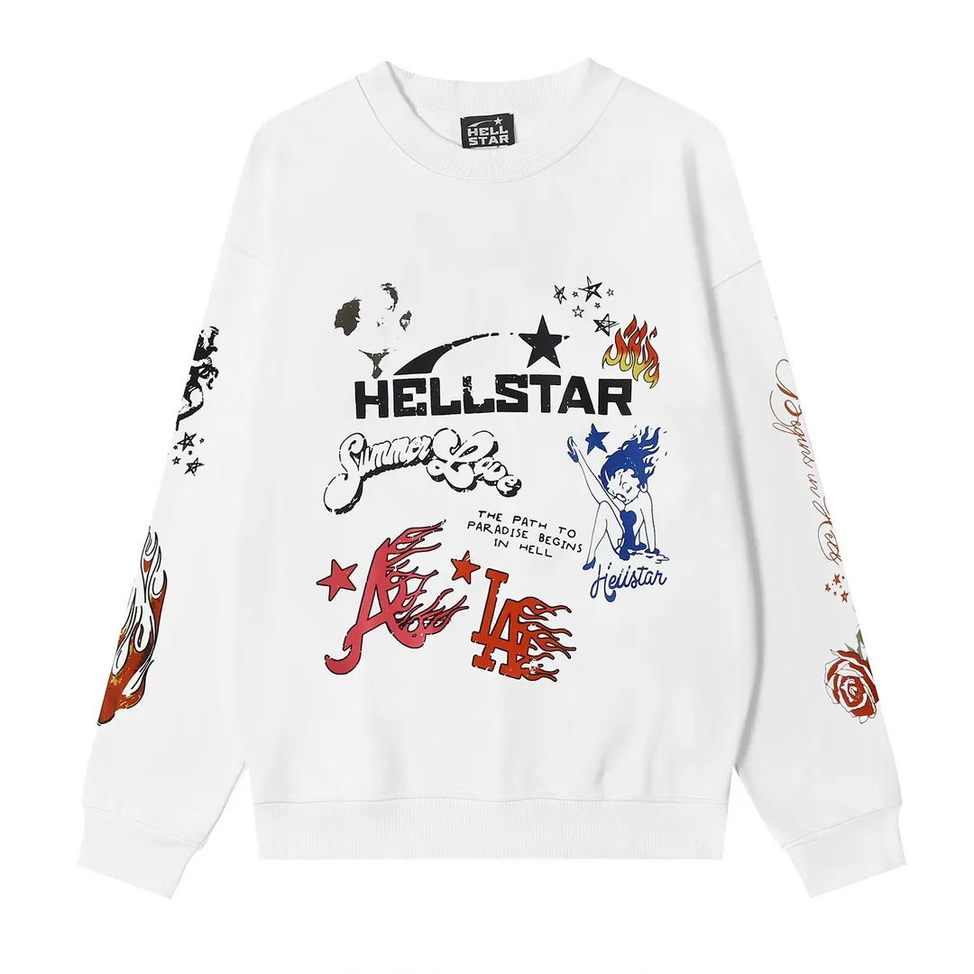 8811# P166 Hellstar high quality Hellstar American trendy printed cotton terry crew neck sweatshirt Color: White Size: S M L XL