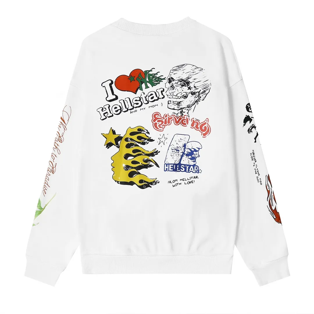 8811# P166 Hellstar high quality Hellstar American trendy printed cotton terry crew neck sweatshirt Color: White Size: S M L XL