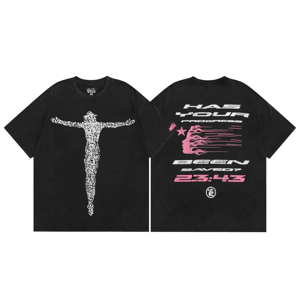 P126 Hellstar Studios QR Christ Short Sleeve Tee Shirt Washed Vintage Black Hellstar washed and distressed high-quality short-sleeved T-shirt The new hot beauty trend Hellstar! Standard beauty and trendy workmanship, original customization (fabric, pattern, printing, hang tag, main mark, etc.), exaggerated style, explosive style, dare to break through tradition, bring adventurous new fashion experience!  YoungBoy, the most popular rapper in the youth circle, has shot a lot of models for him, and celebrities such as Dababy and Swae Lee frequently get dressed!  color: Vintage Black (washed black) size: S, M, L, XL
