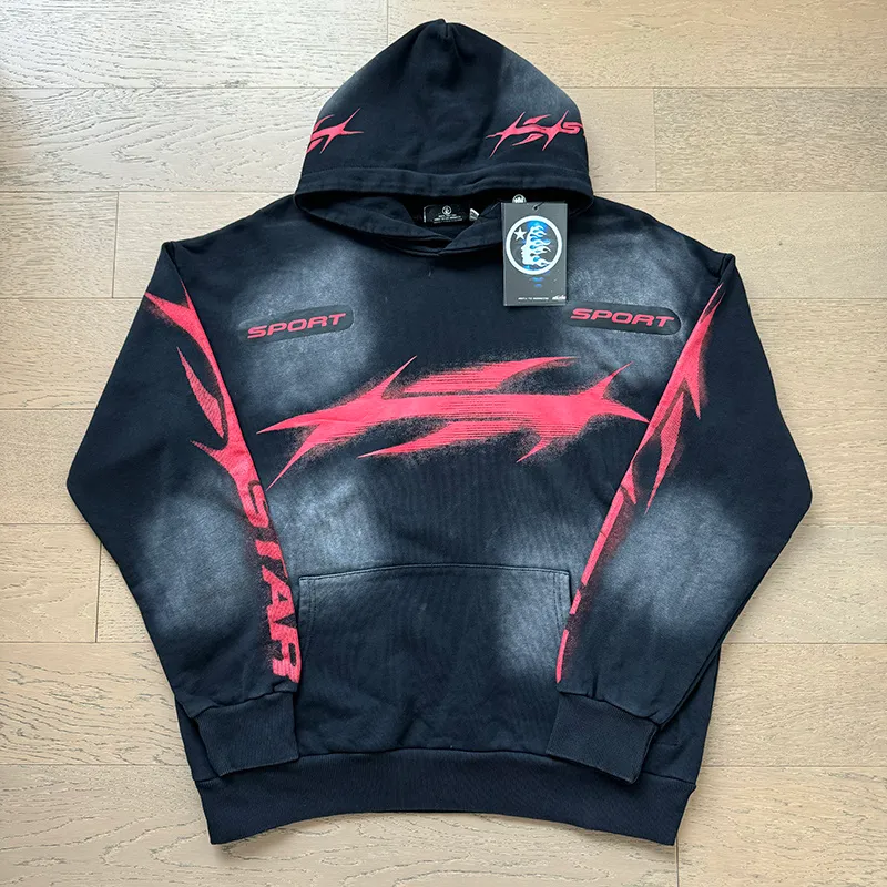 P216 Washed black Real shot Hellstar Washed distressed terry high street retro hooded sweatshirt Fabric 380g pure cotton terry cloth Color: Washed black Size: S M L XL