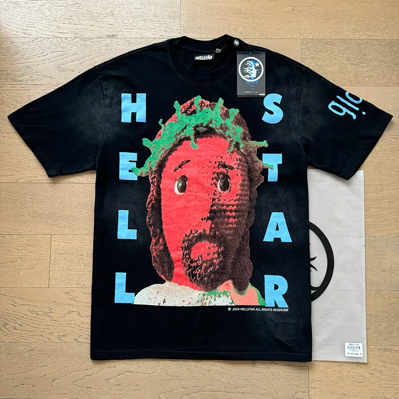 P130 6730#washed black Real shot Hellstar washed retro beauty trend printed short-sleeved T-shirt Fabric: 250g 32 count fine cotton double yarn pure cotton Color: washed black Size: S M L XL