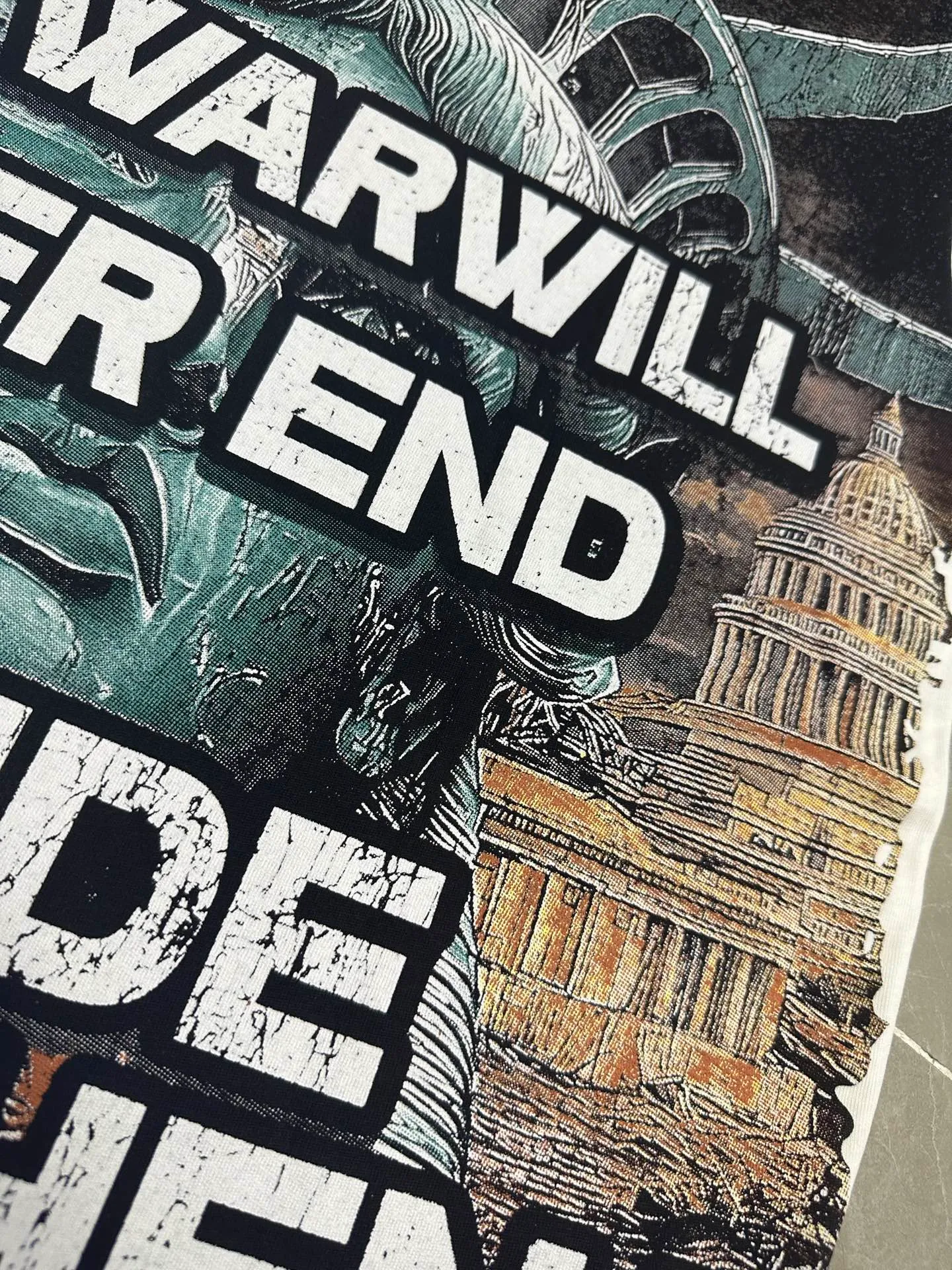 P116 5133#White｜Godspeed cross-border American rock and roll street washed retro style short-sleeved T (craft printing) fabric (fabric): 32-count combed double yarn 240 grams weight code number (size): S-M-L-XL color (colour): white