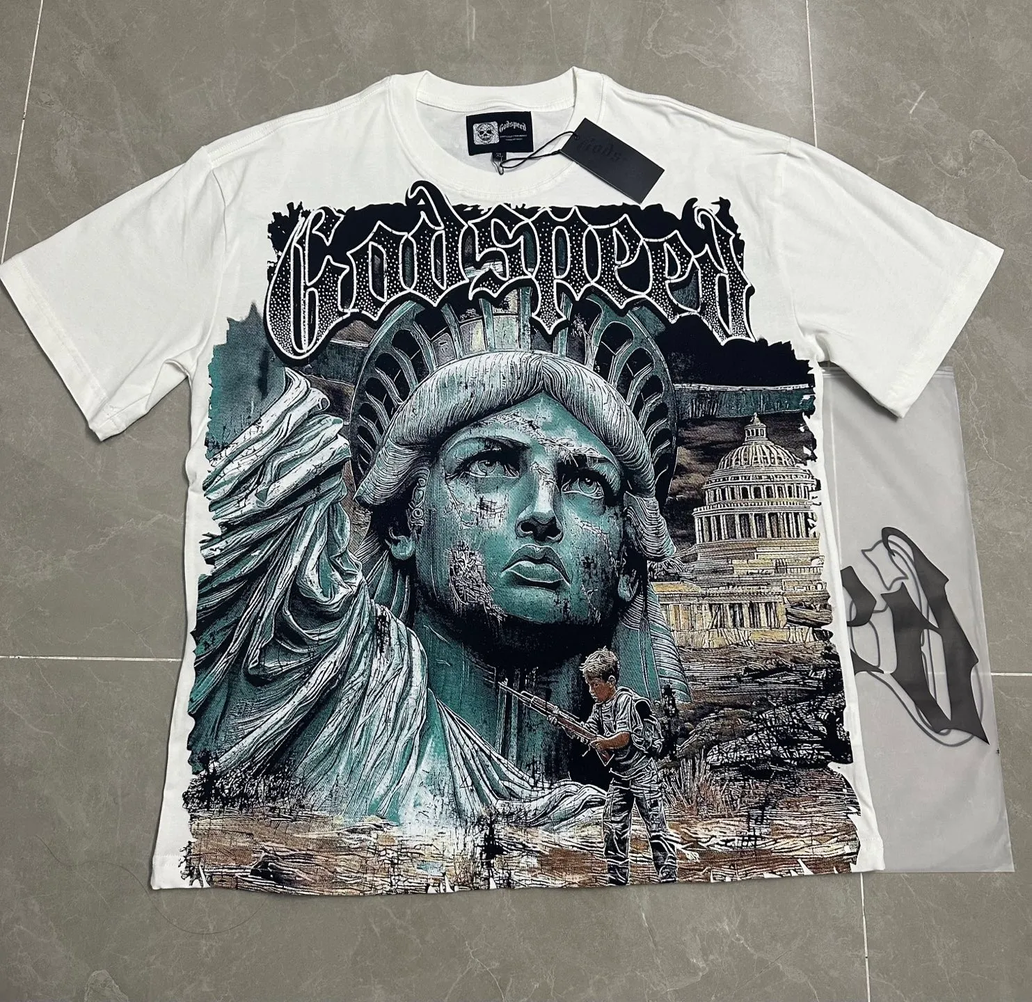 P116 5133#White｜Godspeed cross-border American rock and roll street washed retro style short-sleeved T (craft printing) fabric (fabric): 32-count combed double yarn 240 grams weight code number (size): S-M-L-XL color (colour): white