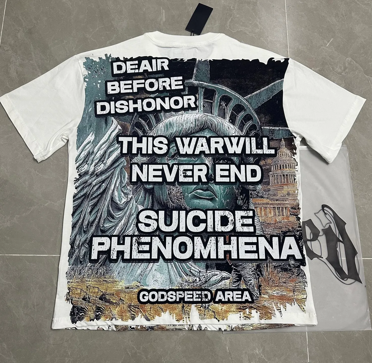 P116 5133#White｜Godspeed cross-border American rock and roll street washed retro style short-sleeved T (craft printing) fabric (fabric): 32-count combed double yarn 240 grams weight code number (size): S-M-L-XL color (colour): white