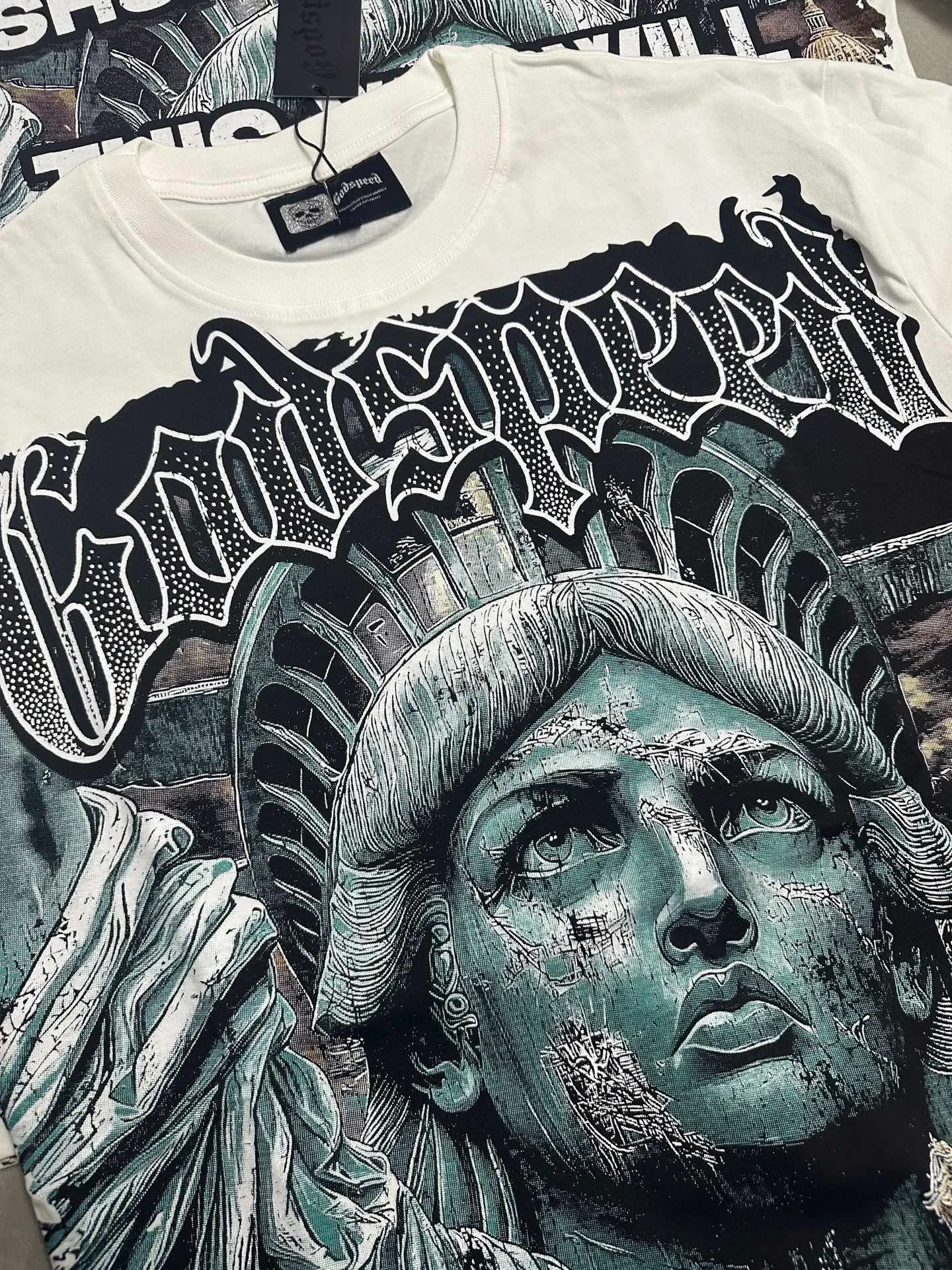 P116 5133#White｜Godspeed cross-border American rock and roll street washed retro style short-sleeved T (craft printing) fabric (fabric): 32-count combed double yarn 240 grams weight code number (size): S-M-L-XL color (colour): white