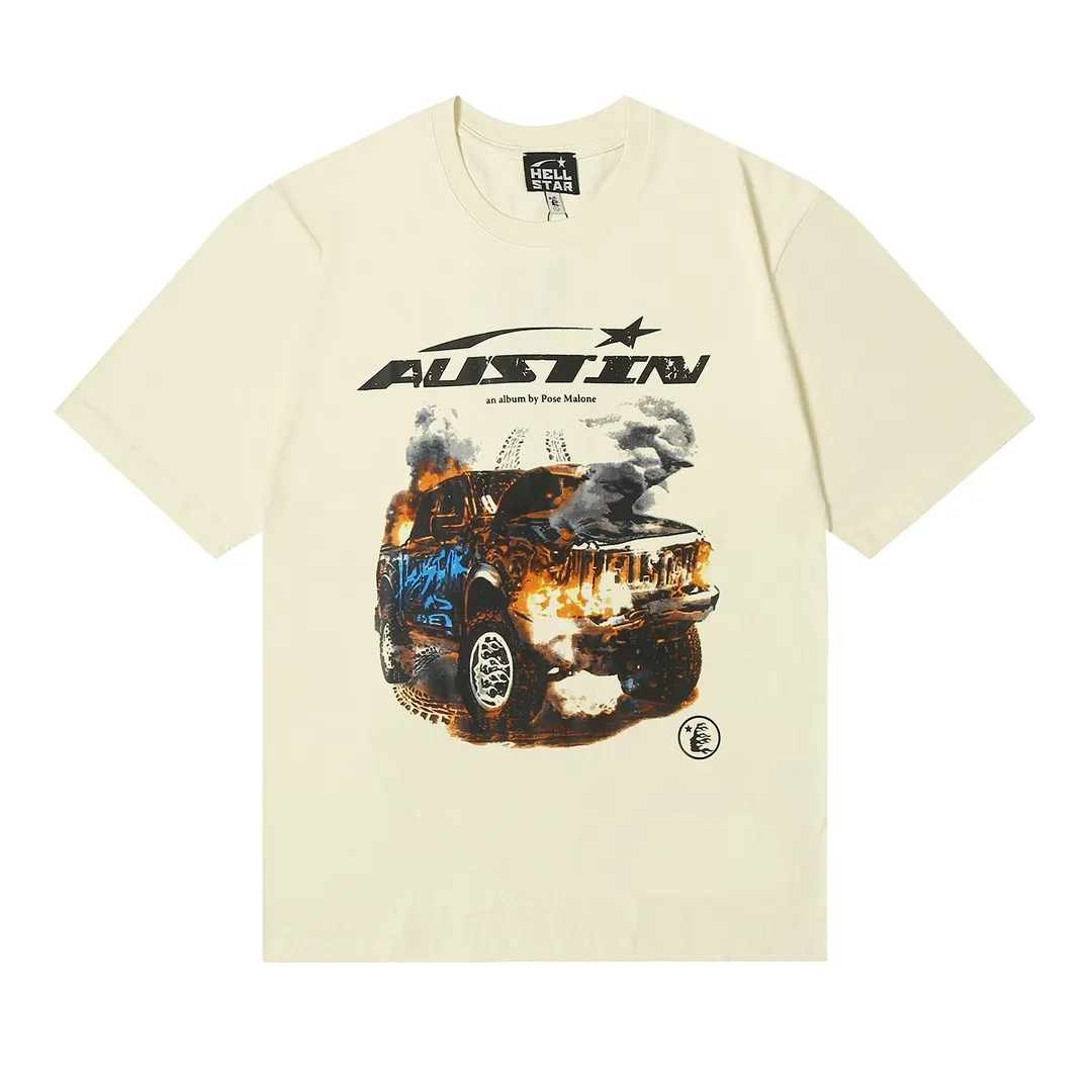6612# P116 Hellstar short-sleeved Hellstar Rapper star fashion brand American fashion print high street retro T-shirt Color: White Apricot Black Size: S M L XL