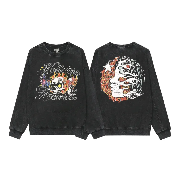 2209# P176 Washed European and American trendy brand Hellstar Washed and distressed American men and women casual loose round neck pocketless pullover sweatshirt Color: Black Size: S M L XL