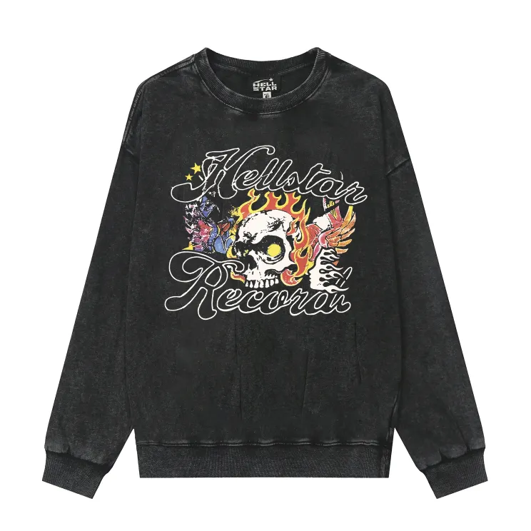 2209# P176 Washed European and American trendy brand Hellstar Washed and distressed American men and women casual loose round neck pocketless pullover sweatshirt Color: Black Size: S M L XL