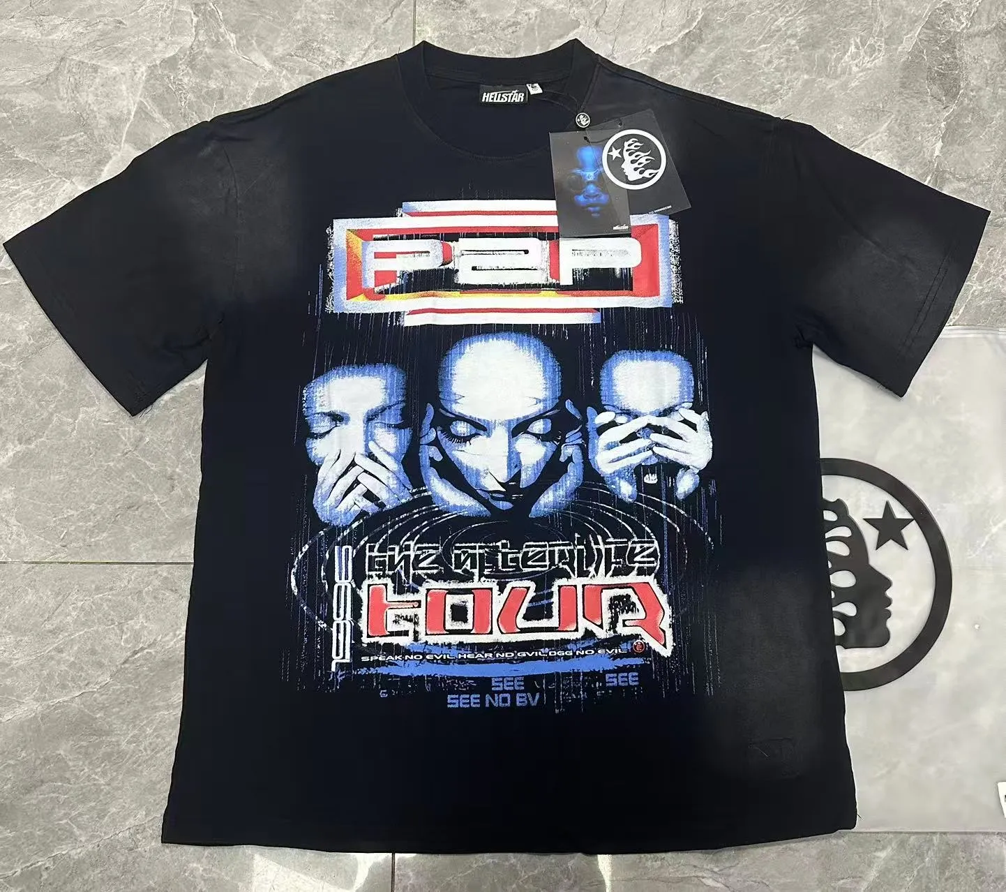P124 Hellstar Hellstar Cross-border European and American style street fashion brand pure cotton T-shirt Fabric (fabric): 32 counts 250g washed combed double yarn pure cotton Size (size): S-M- L- X L Color (colour): Washed black (spray Ma Liu)