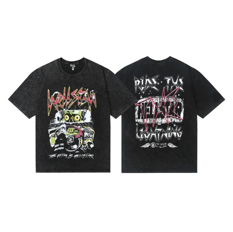7730# P124 Washed Hellstar Hellstar ins same style retro printed tops for men and women, casual and trendy pure cotton washed short-sleeved T-shirt Color: Black Size: S M L XL