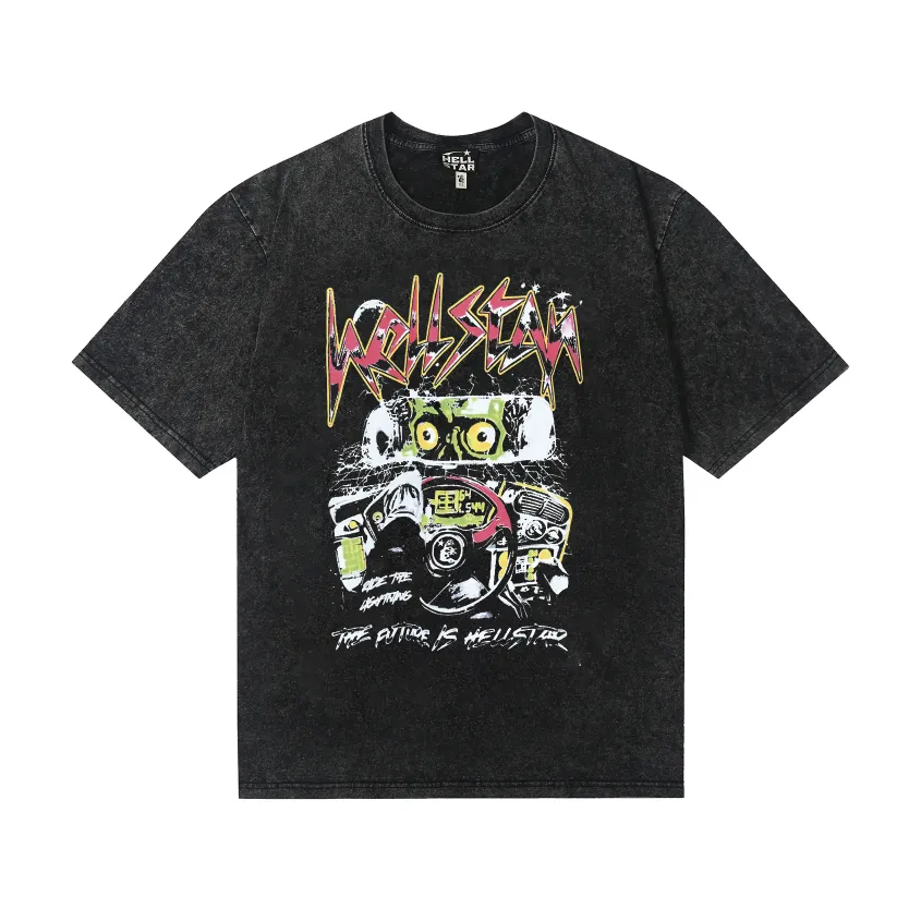 7730# P124 Washed Hellstar Hellstar ins same style retro printed tops for men and women, casual and trendy pure cotton washed short-sleeved T-shirt Color: Black Size: S M L XL