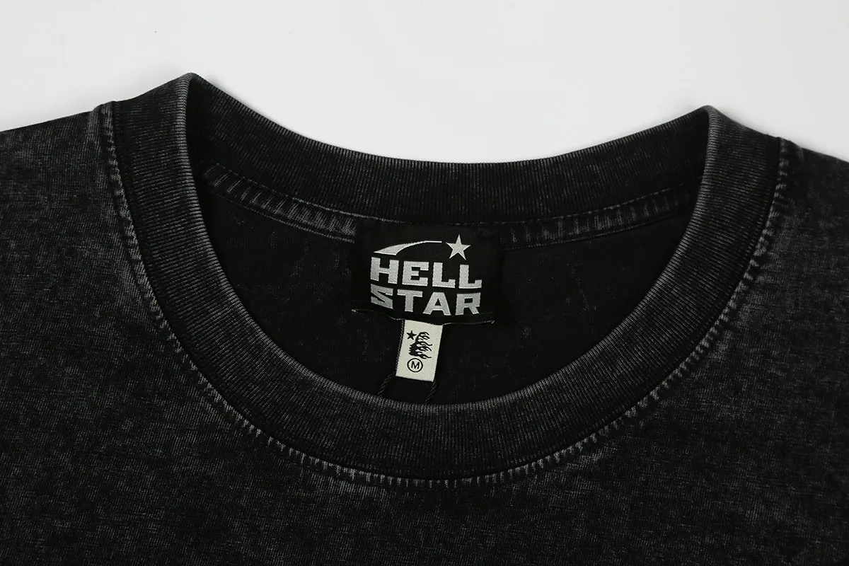 7730# P124 Washed Hellstar Hellstar ins same style retro printed tops for men and women, casual and trendy pure cotton washed short-sleeved T-shirt Color: Black Size: S M L XL