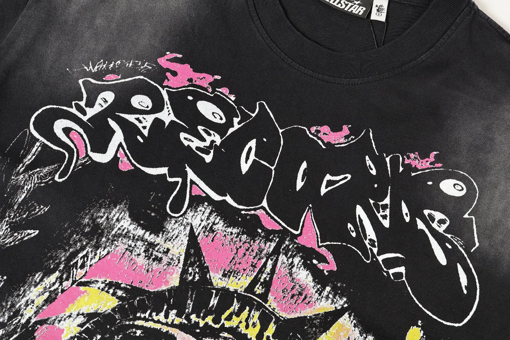 P124 Real-stock high-definition Hellstar Cross-border European and American style street brand pure cotton T-shirt Fabric (fabric): 32 pieces of 250g washed combed double yarn pure cotton Size (size): S-M- L- X L Color (colour): Washed black 👉