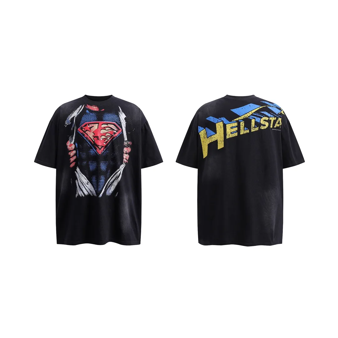 P134 HELLSTAR SUPERHERO T SHIRT HALLOWEEN original spray-painted distressed cotton T-shirt, the new hot beauty trend Hellstar!  Standard beauty and trendy workmanship, original customization (fabric, pattern, printing, hang tag, main mark, etc.), exaggerated style, explosive style, dare to break through tradition, bring adventurous new fashion experience!   YoungBoy, the most popular rapper in the youth circle, has shot a lot of models for him, and celebrities such as Dababy and Swae Lee frequently get dressed!  color: black Size: S, M, L, XL