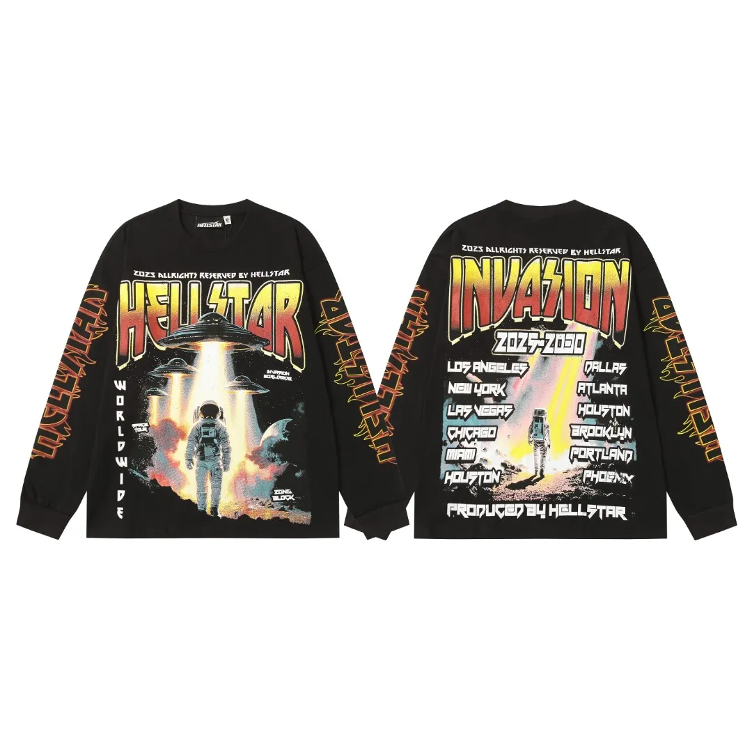 P140 Real stock Hellstar Cross-border European and American style/street brand pure cotton long-sleeved T-shirt Fabric (fabric): High-density 26-count 270-gram heavy combed double yarn pure cotton Size (size): S-M- L- X L Color (colour): Reactive black