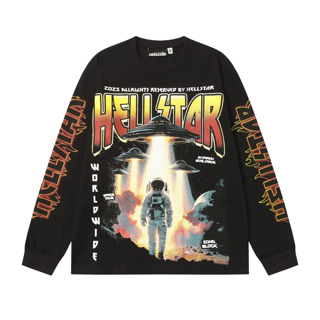 P140 Real stock Hellstar Cross-border European and American style/street brand pure cotton long-sleeved T-shirt Fabric (fabric): High-density 26-count 270-gram heavy combed double yarn pure cotton Size (size): S-M- L- X L Color (colour): Reactive black